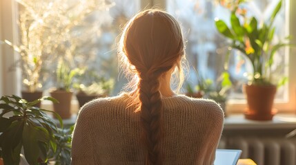 A woman with long brown hair loosely braided, sipping tea as she works on her tablet in a minimalist, sunlit home office. The peaceful atmosphere creates a perfect balance of work and tranquility