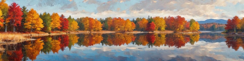 A vibrant autumn landscape with trees adorned in brilliant red, orange, and yellow leaves, reflecting on a still lake, showcasing nature's beauty, Generative AI
