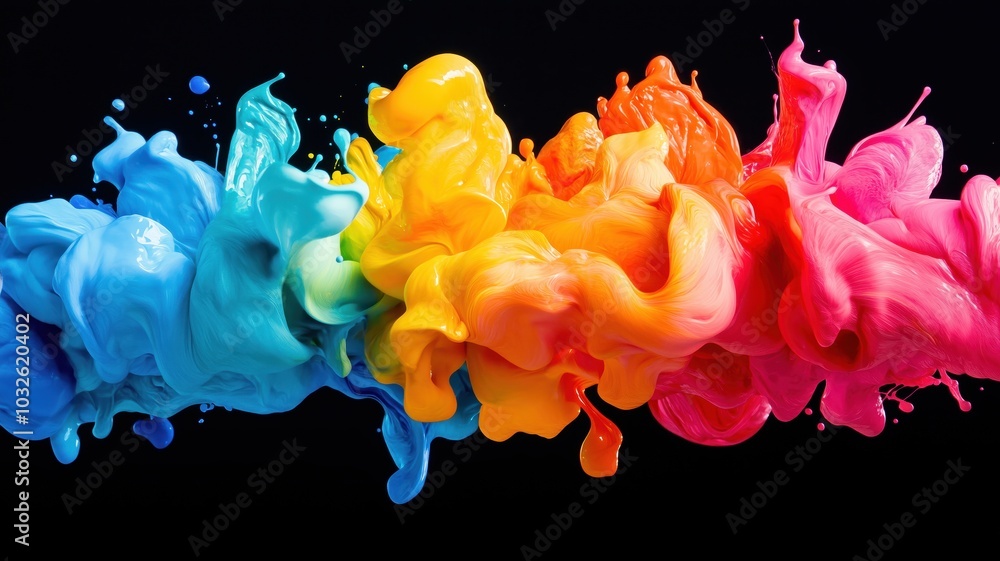 Poster a vibrant splash of multicolored paint, swirling in dynamic motion against a black background, creat