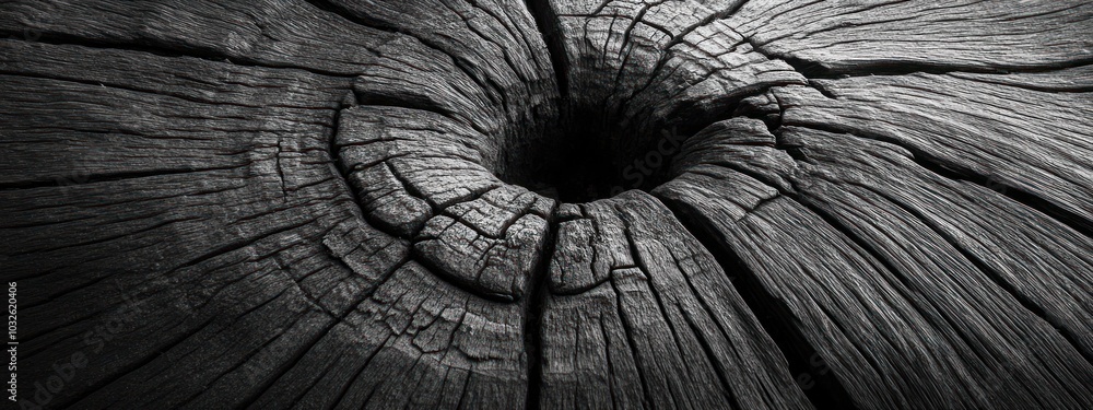Poster a close-up view of a weathered tree trunk with a hole in the center, showing the intricate grain and