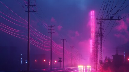 High power electricity poles in urban area connected to smart grid. Energy supply, distribution of energy, transmitting energy, energy transmission, high voltage supply concept photo.