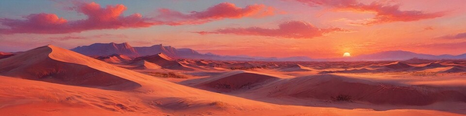 Fototapeta premium A surreal desert landscape featuring oversized sand dunes under a sky painted in vibrant sunset colors, evoking wonder and awe, Generative AI