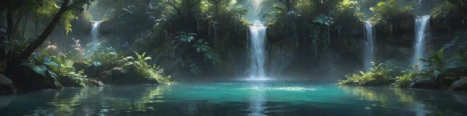 A mystical waterfall cascading into a shimmering lagoon, surrounded by luminescent plants and inhabited by ethereal spirits, creating a serene atmosphere, Generative AI