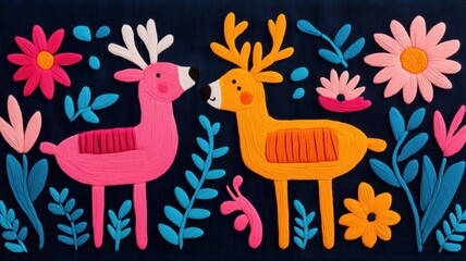 A whimsical illustration featuring two colorful deer surrounded by vibrant flowers and foliage against a dark background, creating a playful and lively atmosphere.