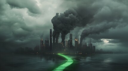 a city's skyline with carbon emissions represented as dark clouds, contrasted with a green pathway symbolizing the journey toward net-zero targets