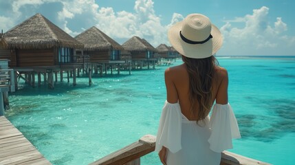 Obraz premium Woman in a white dress and straw hat stands on a wooden pier ove