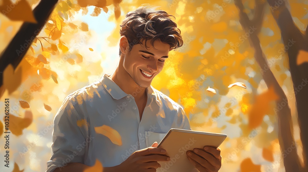 Poster a man with short, dark hair smiling as he manages his schedule on a tablet while walking through a v