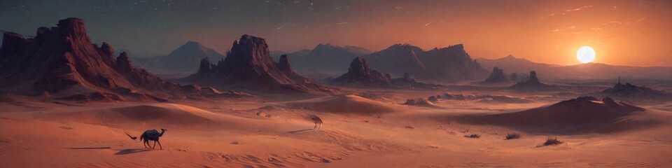 Naklejka premium An otherworldly desert where the sands glow at night and strange creatures roam, creating an atmosphere of mystery and intrigue, Generative AI