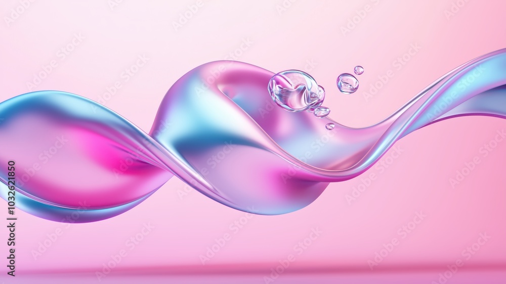 Poster abstract fluid wave with vibrant colors in pink and blue. bubbles enhance the dynamic feel, creating