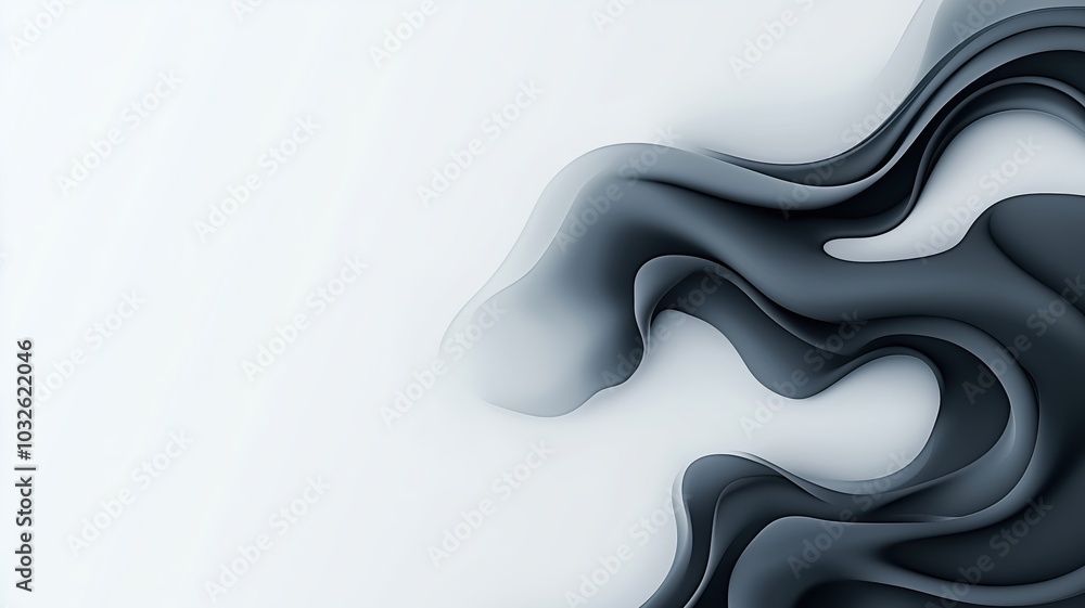 Poster abstract smooth fluid shapes in shades of black and white swirling on a light surface, creating a se