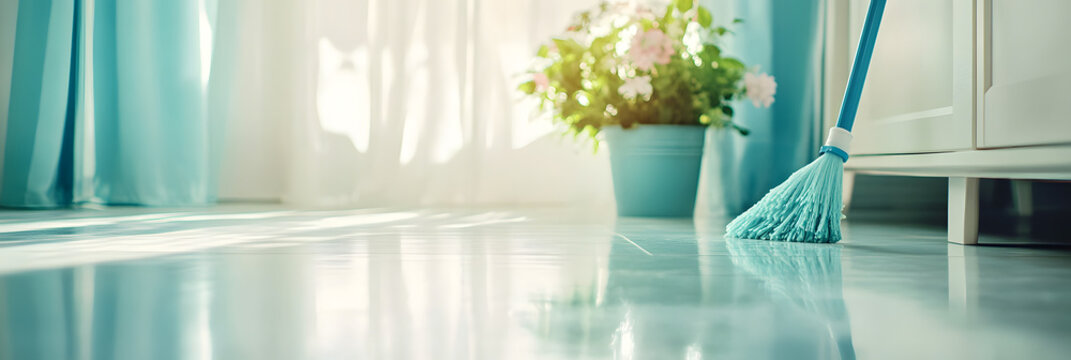 Clean and shiny home interior with a mop on the floor, fresh flowers, and bright sunlight creating a refreshing, tidy, and hygienic atmosphere for housekeeping and cleanliness