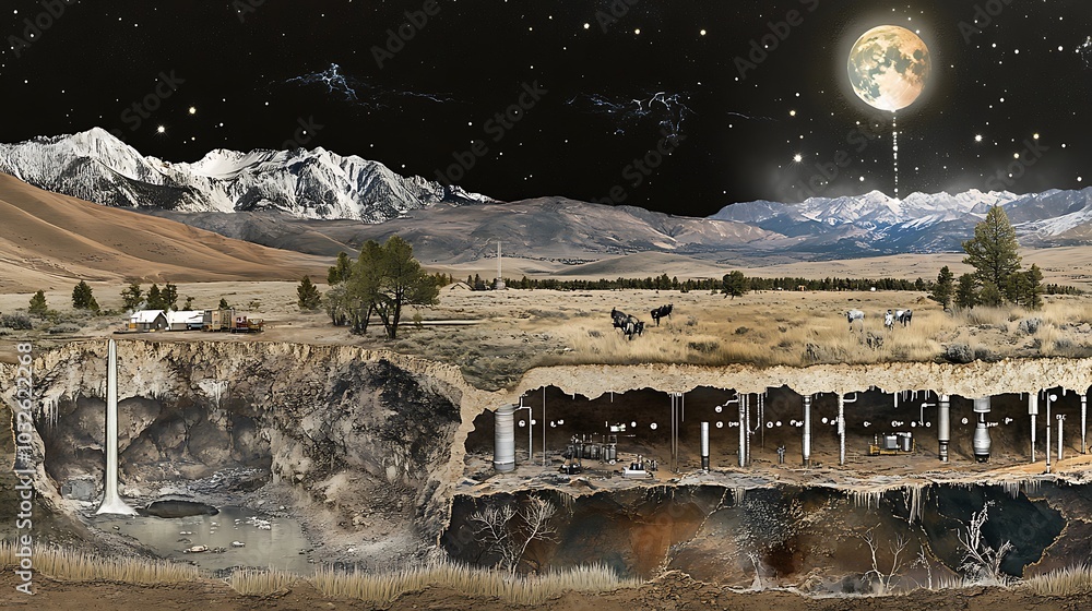 Poster a cross-section of the earth, showing carbon dioxide being captured from the atmosphere and safely s