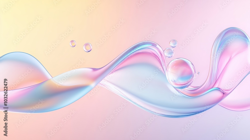 Poster abstract wave design featuring soft pastel colors and bubbles, creating a dreamy and ethereal visual