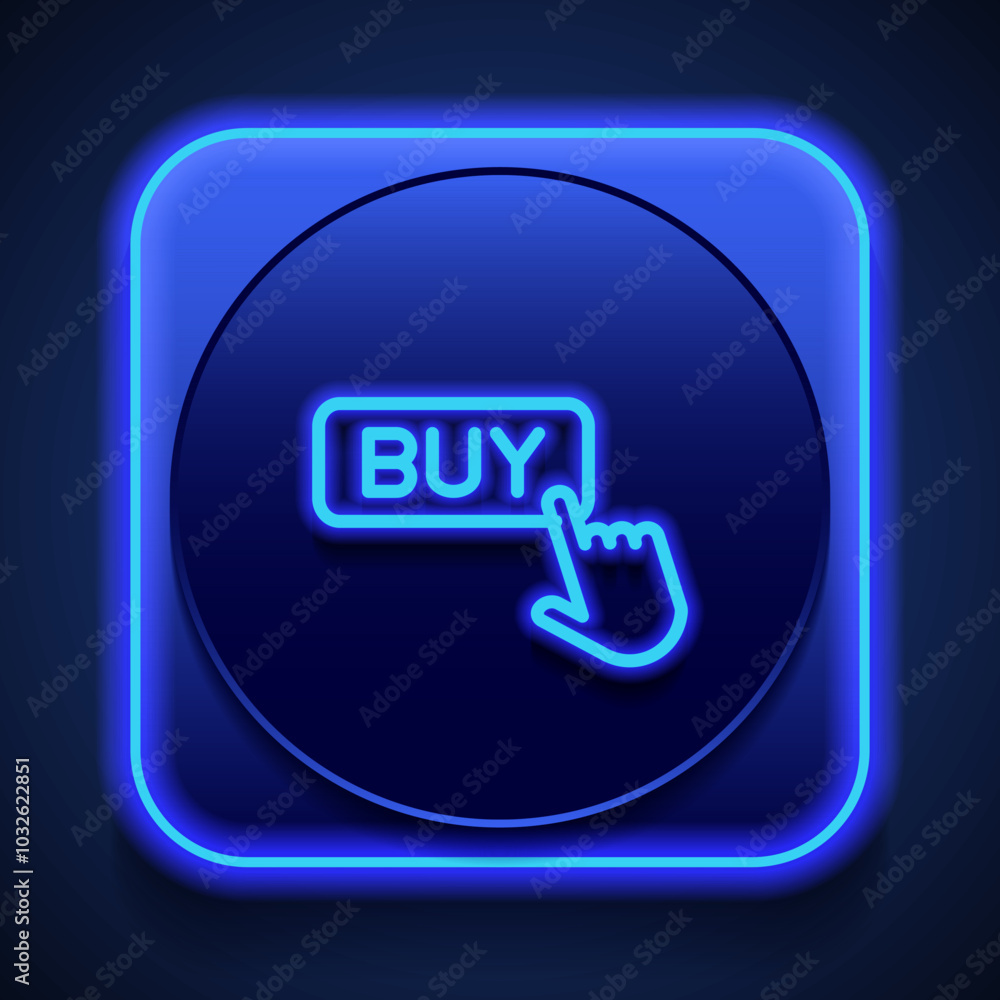 Poster buy button simple icon vector. flat design. blue neon style on button. with shadow