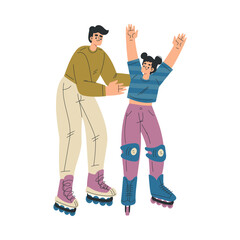 Man Character Roller Skating Ride on Rollers with Daughter Vector Illustration