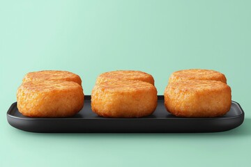 Six Golden Brown Fried Food Items on a Black Plate