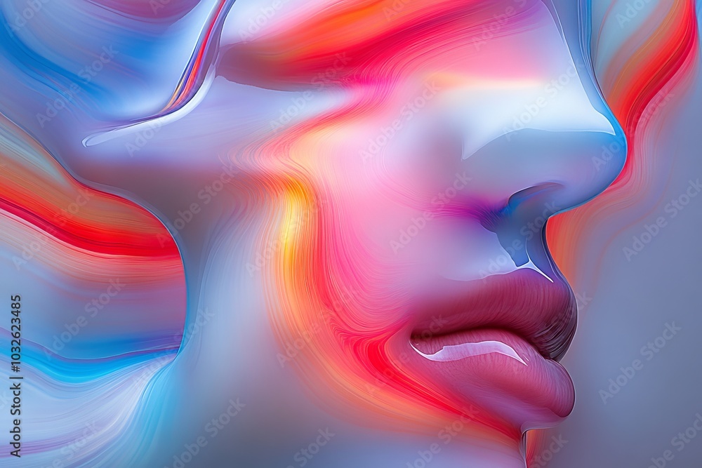 Poster abstract profile of a woman dissolving into swirling red blue and white colors symbolizing creativit