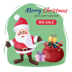 Funny happy Santa Claus with a bag of gifts waving his hand. Christmas card, banner, flyer design with cartoon vector illustration