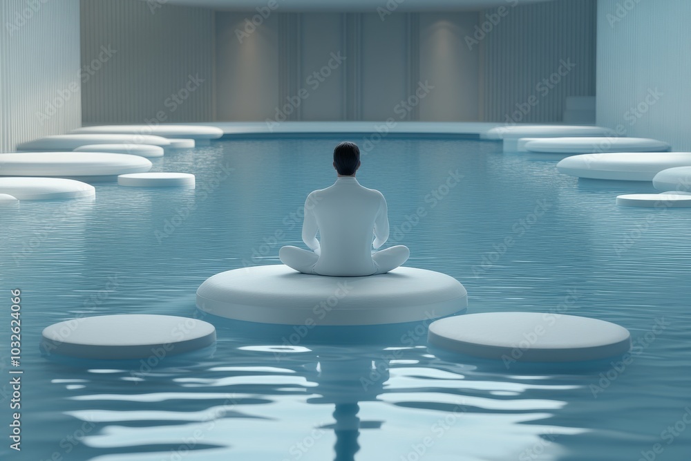 Poster minimalist scene of a person meditating on floating white platforms in a modern futuristic space sym