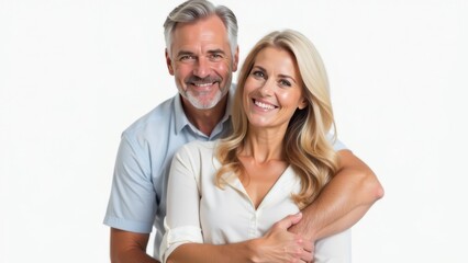 Fototapeta premium Happy smiling romantic middle aged couple, man and woman hugging while looking at camera on white background. Free space for text