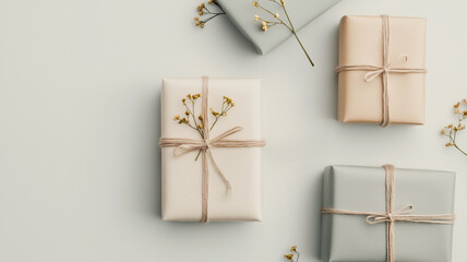 Beautifully wrapped gift boxes with delicate floral accents on a soft pastel background, perfect for celebrations and special occasions.