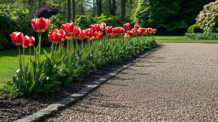 A colorful row of tulips brightens a serene garden path inviting peaceful exploration