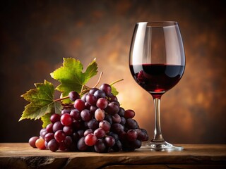 Glass of Red Wine with Ripe Grapes on a Wooden Surface