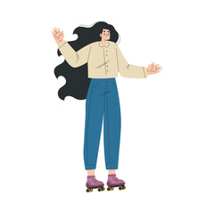 Woman Character Roller Skating Ride on Rollers Vector Illustration