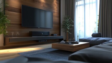 Modern living room interior, TV on the wall