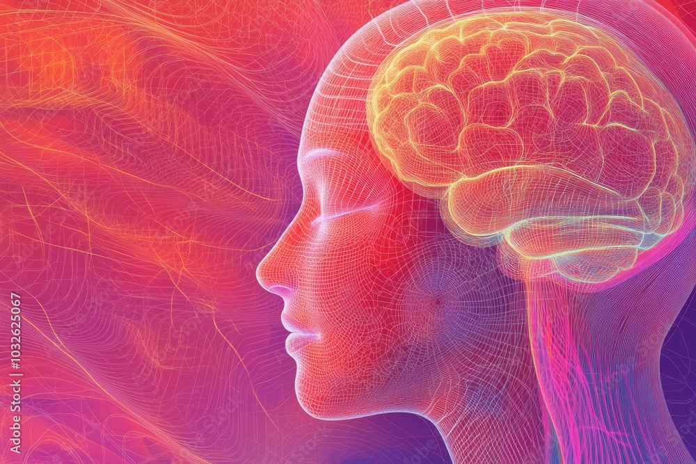 Poster artistic profile of a human head overlaid with brain illustrations and colorful neural networks symb
