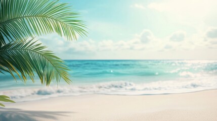 A single palm frond sways gently framing the peaceful ocean waves under a bright sky