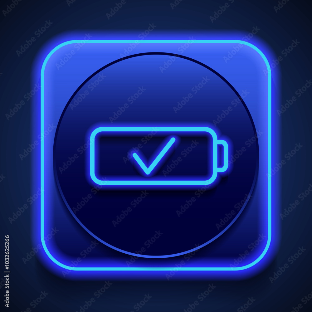 Poster battery, confirm simple icon vector. flat design. blue neon style on button. with shadow