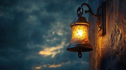 Glowing bell attached to a black wall night sky