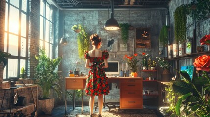 Young woman in floral dress standing in sunlit industrial studio filled with plants and artistic decor, embodying the spirit of girlhood design