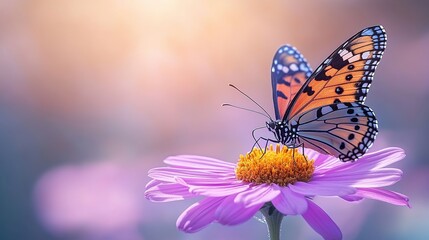 Naklejka premium Butterfly perched on a pink flower, basking in light.