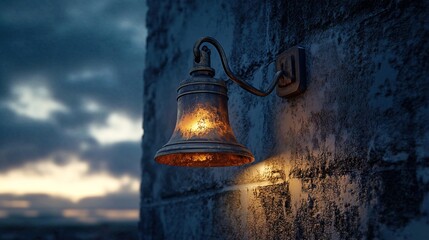 Glowing bell attached to a black wall night sky