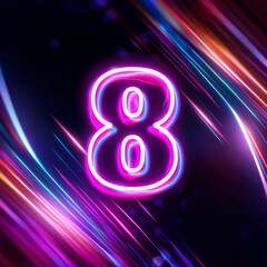 set of numbers made of neon lights, 3d illustration, multicolored background, number eight