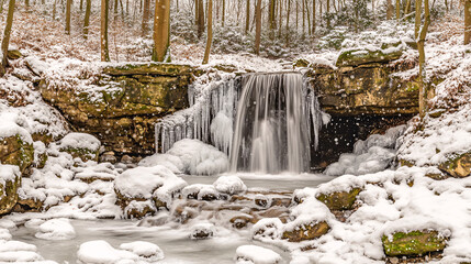 Frozen Waterfall in Snowy Forest
