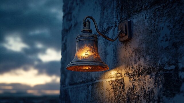 Glowing bell attached to a black wall night sky 