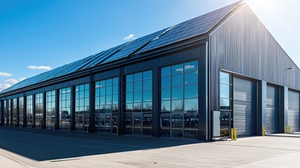 Obraz premium Modern Industrial Warehouse Exterior with Solar Panels
