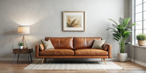 Contemporary Minimalist Living Room with Brown Leather Sofa, Symmetrical Design, and Tranquil Vibes - Modern Interior Decor Inspiration