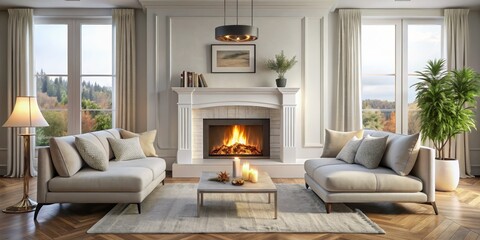 Fototapeta premium Cozy Fireplace Living Room Interior, Symmetrical Composition with Neutral Palette, Warm Atmosphere, Home Decor Inspiration