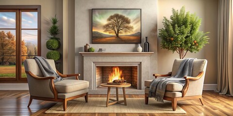Cozy Living Room Interior with Roaring Fire, Symmetrical Composition, and Warm Color Palette, Ideal for Home Decor Ads and Interior Design Inspiration
