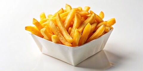 Crispy Delight Close-up of Golden-brown French Fries in White Paper Container, Minimalist Food Photography for Fast Food Concepts and Culinary Joy