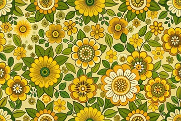 Vintage Floral Pattern in Bright Yellow and Green Shades