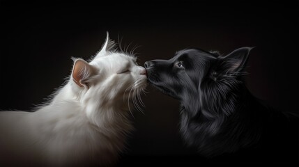 Elegant close-up of a black dog and white cat touching noses against a dark background, symbolizing friendship and contrast in a minimalist portrait