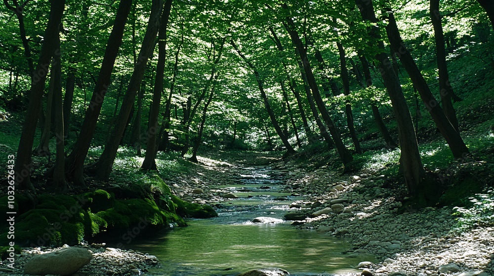 Poster a small creek flows through a dense forest, sunlight filtering through the trees, creating a sense o