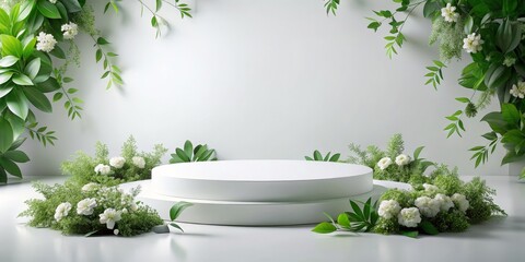 Elegance in Bloom Luxurious White Podium with Green Foliage in Minimalist Setting - Perfect for Event and Brand Promotion