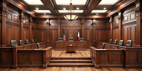 Elegant Courtroom Interior in Rich Wood Paneling and Ornate Design, Traditional Legal Setting with Symmetrical Layout and Flags Displayed, Symbol of Authority and Grandeur