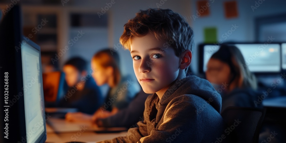 Poster a boy stares thoughtfully at the computer screen in a classroom filled with classmates. the lighting